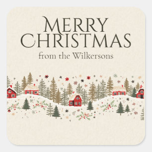 Vintage Winter Village Xmas Folk Art Custom Name Square Sticker