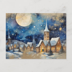 Vintage Winter Watercolor Village Postcard