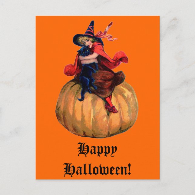 Vintage Witch and Black Cat Halloween Card (Front)