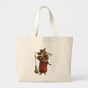 Vintage Witch and Black Cat Large Tote Bag