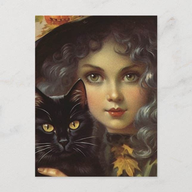 Vintage Witch and Black Cat  Postcard (Front)
