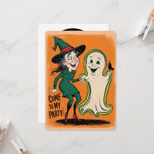 Vintage Witch and Ghost Halloween Party Invitation (Front/Back In Situ)