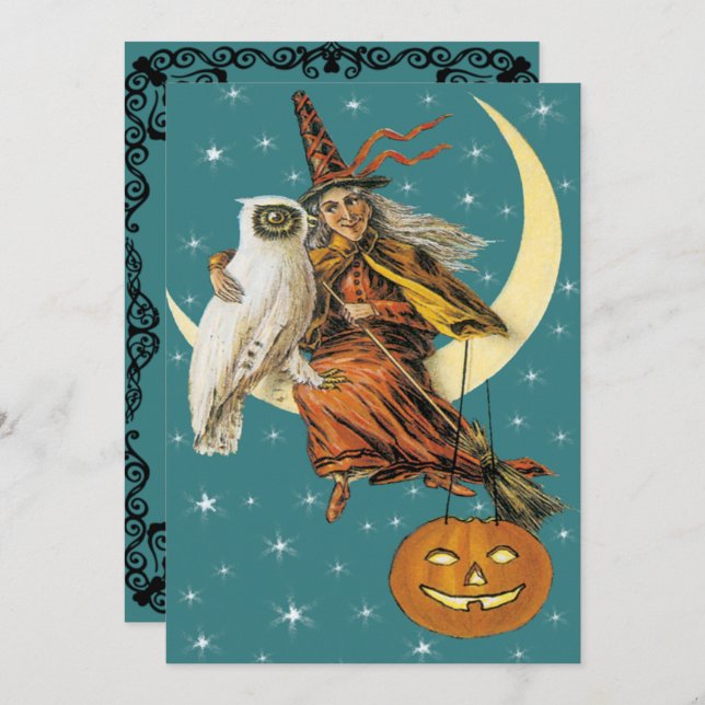Vintage Witch And Owl On The Moon Invitation (Front/Back)