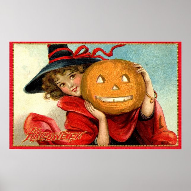 Vintage witch and pumpkin Halloween party poster (Front)
