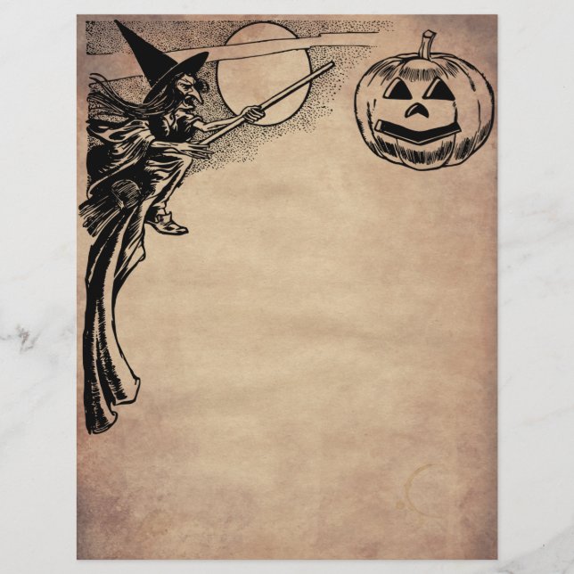 Vintage Witch and Pumpkin Halloween Writing Paper (Front)