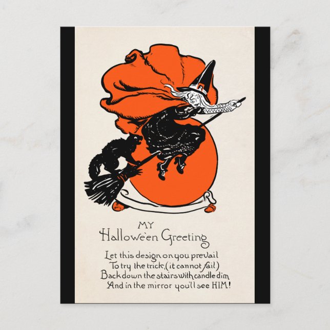 Vintage Witch Black Cat Greeting Postcard (Front)