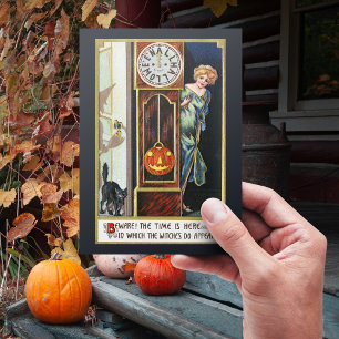 Vintage Witch Black Cat Pumkin Halloween Holiday Postcard