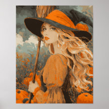 Vintage Witch Broom Pumpkin Elegant Halloween