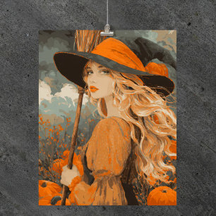 Vintage Witch Broom Pumpkin Elegant Halloween  Poster