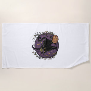 Vintage Witch Cat Halloween Vector Shirt Design_1 Beach Towel
