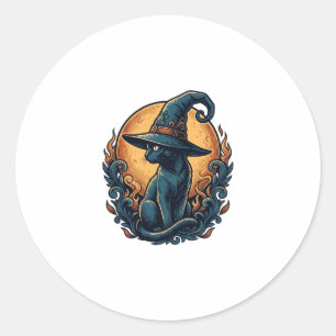 Vintage Witch Cat Moon Halloween Vector Art_1 Classic Round Sticker