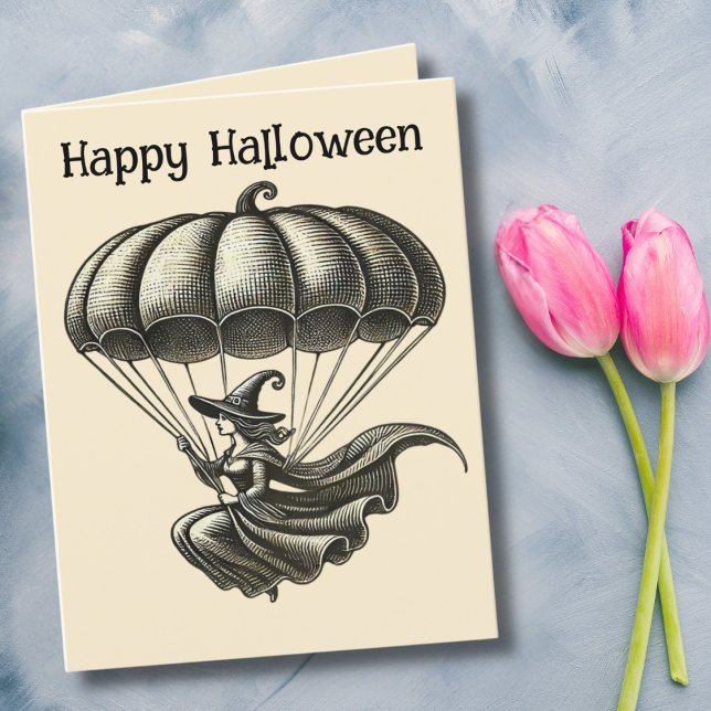 Vintage Witch Flying Pumpkin Parachute Halloween Holiday Card (Creator Uploaded)