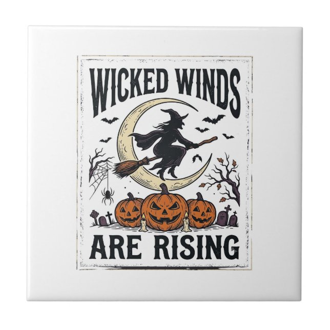 Vintage Witch Halloween Broomstick Pumpkin Moon Ar Tile (Front)