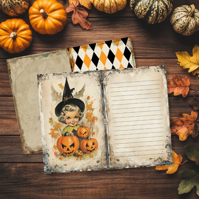 Vintage Witch Halloween Junk Journal Page (Vintage Halloween Junk Journal Page featuring cute witch and pumpkins)