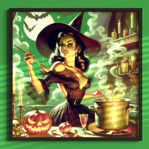 Vintage Witch Halloween Pin-Up Poster
