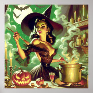 Vintage Witch Halloween Pin-Up Poster