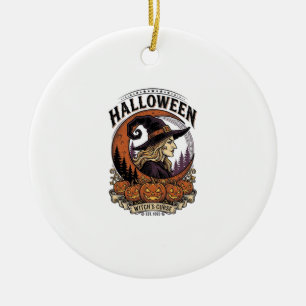 Vintage Witch Halloween Pumpkin Moon Engraving Art Ceramic Tree Decoration