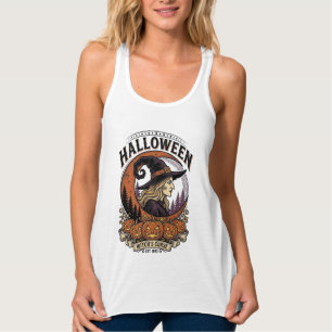 Vintage Witch Halloween Pumpkin Moon Engraving Art Singlet