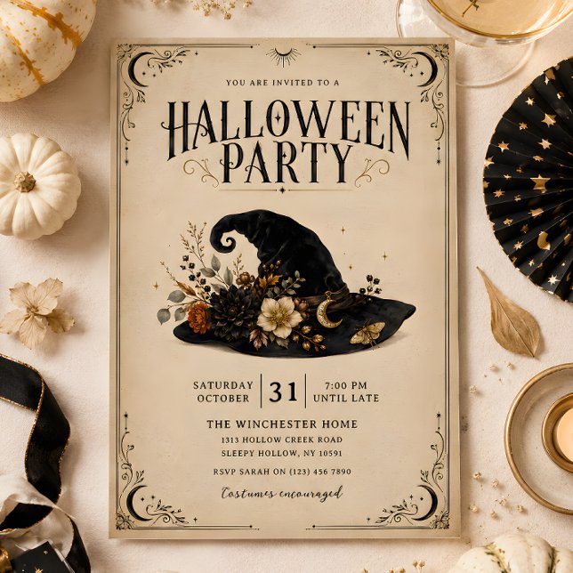 Vintage Witch Hat Folk Halloween Party Invitation (Creator Uploaded)
