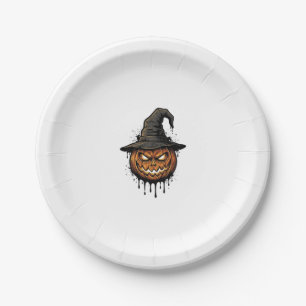 Vintage Witch Hat Pumpkin Halloween Graphic_1 Paper Plate