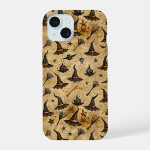 Vintage Witch Hats & Broomsticks Halloween Pattern iPhone 15 Case