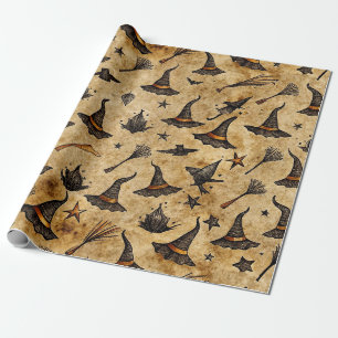 Vintage Witch Hats & Broomsticks Halloween Pattern Wrapping Paper