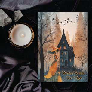 Vintage Witch in Forest Elegant Halloween Photo Card