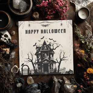 Vintage Witch in Haunted House Pumpkins Bat Gothic Holiday Card