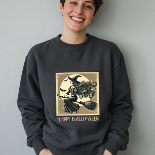 Vintage Witch on Broom Full Moon & Bats Halloween Sweatshirt