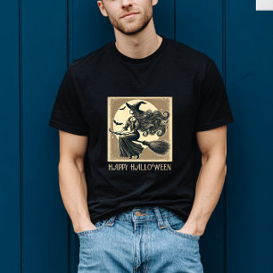 Vintage Witch on Broom Full Moon & Bats Halloween T-Shirt