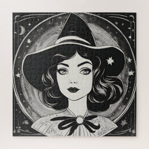 Vintage Witch Portrait Black and White Retro Jigsaw Puzzle
