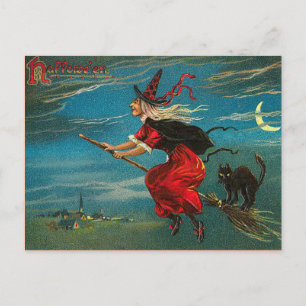Vintage Witch Postcard, Halloween, Black Cat Postcard