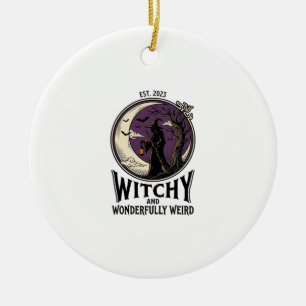 Vintage Witch Shirt With Spooky Moon Halloween Art Ceramic Tree Decoration