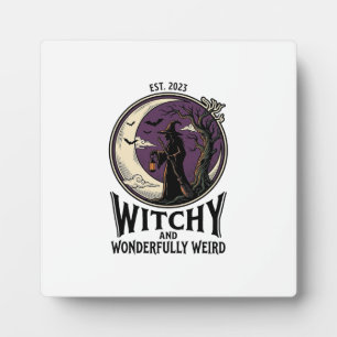 Vintage Witch Shirt With Spooky Moon Halloween Art Plaque