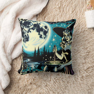 Vintage Witch stirring a Cauldron Halloween  Cushion
