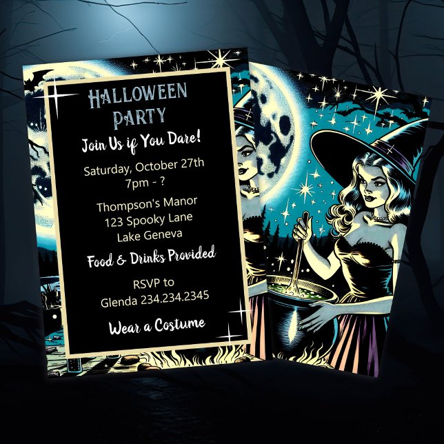 Vintage Witch stirring a Cauldron Halloween Party Invitation (Creator Uploaded)