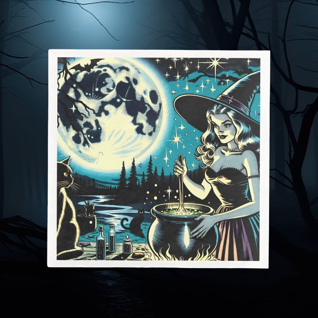 Vintage Witch stirring a Cauldron Halloween Party Napkin (Creator Uploaded)