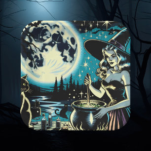 Vintage Witch stirring a Cauldron Halloween Party Paper Plate