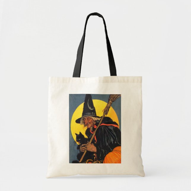 Vintage Witch with black cat Tote Bag (Front)