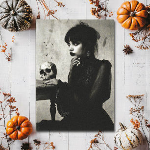 Vintage witchcarft horror woman with skull postcard