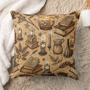 Vintage Witchcraft Books & Candles Pattern Cushion