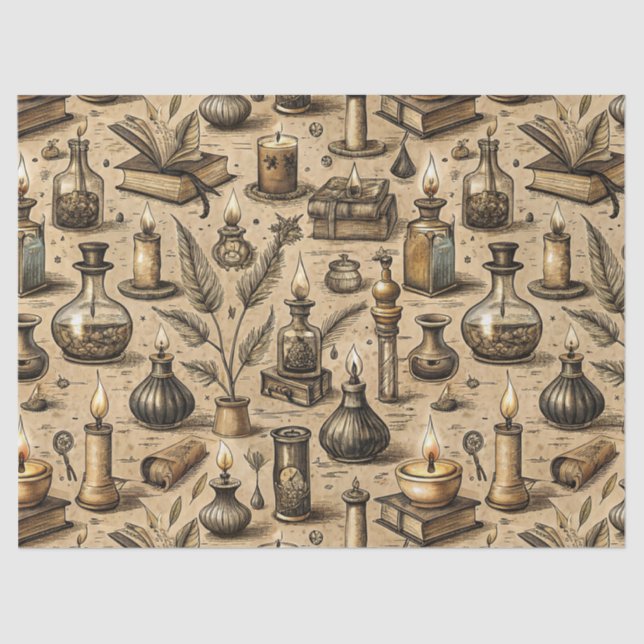 Vintage Witchcraft Books & Candles Pattern Tissue Paper (Front)