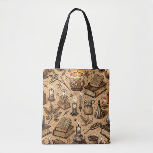 Vintage Witchcraft Books & Candles Pattern Tote Bag