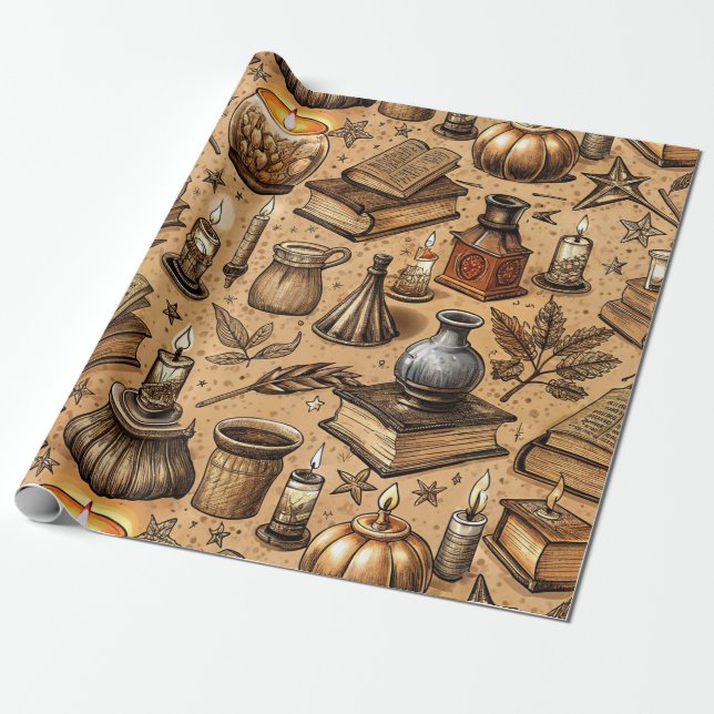 Vintage Witchcraft Books & Candles Pattern Wrapping Paper (Unrolled)