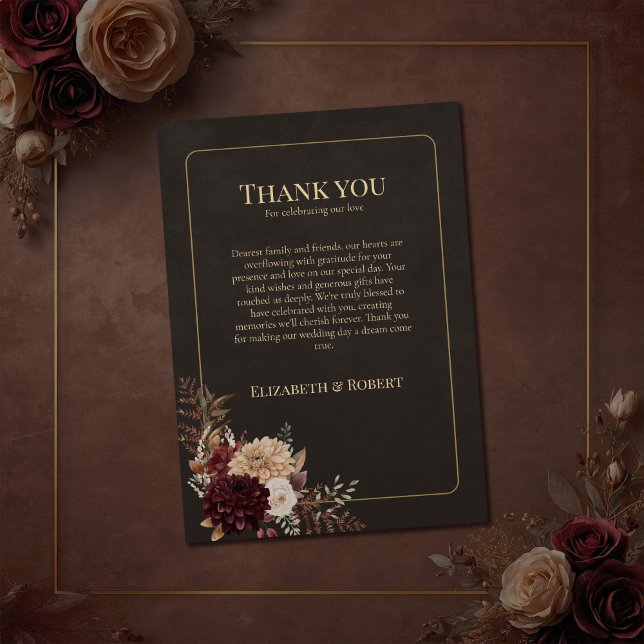 Vintage Witchy Floral Wedding Thank You Card (Vintage Witchy Floral Wedding Thank You Card on a brown vintage wedding table with flowers)
