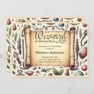 Vintage Wizard Witches Party Magical Wands Hats Invitation