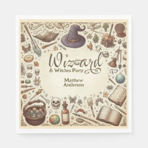Vintage Wizard Witches Party Magical Wands Hats Napkin