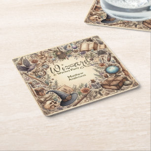 Vintage Wizard Witches Party Magical Wands Hats Square Paper Coaster