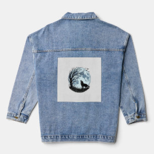 Vintage Wolf Howling Moon Tree Silhouette Design_1 Denim Jacket