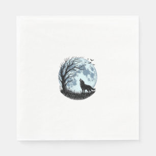 Vintage Wolf Howling Moon Tree Silhouette Design_1 Napkin